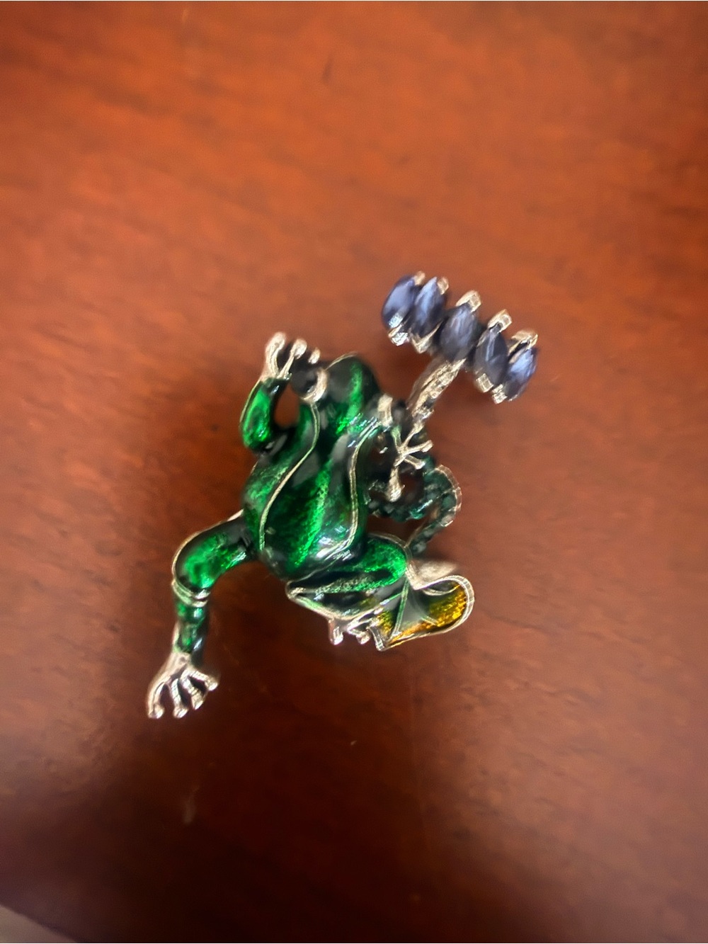 Green Enamel Frog Pin with Blue Accent Stones